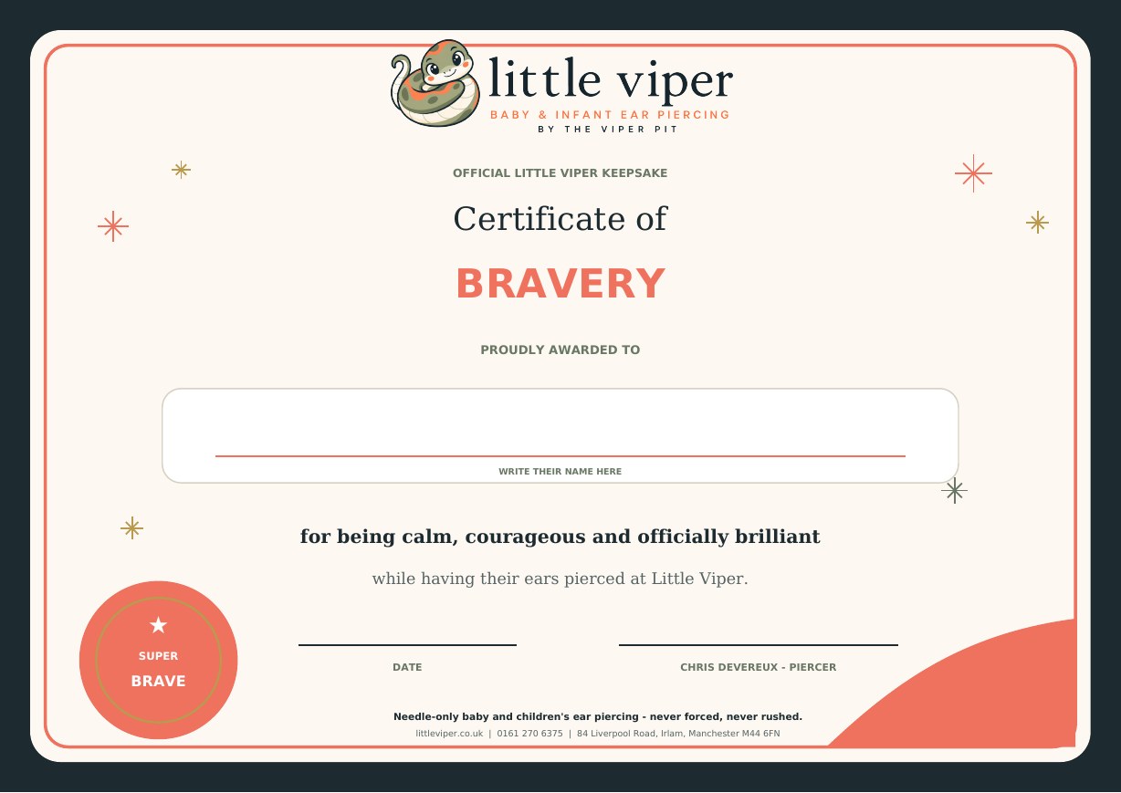 Little Viper Certificate of Bravery included with baby and children's ear-piercing appointments
